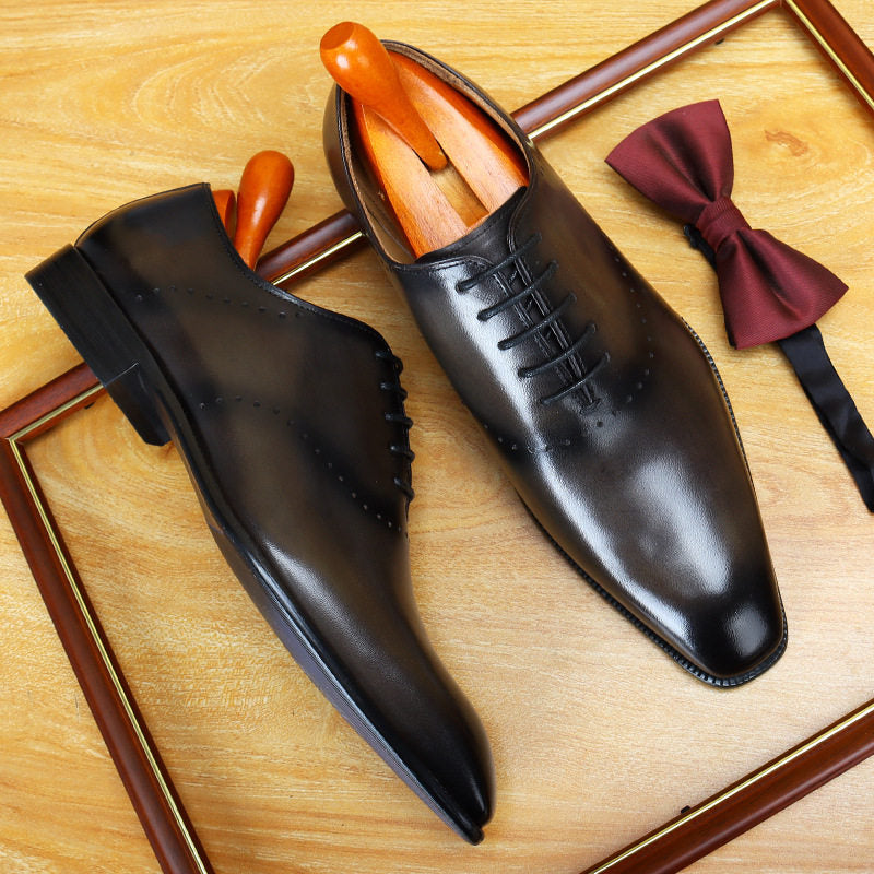 Men's Tan Brown Burnished Wholecut Oxford Dress Shoes | Perforated Brogue Leather Formal Lace-Up Shoes