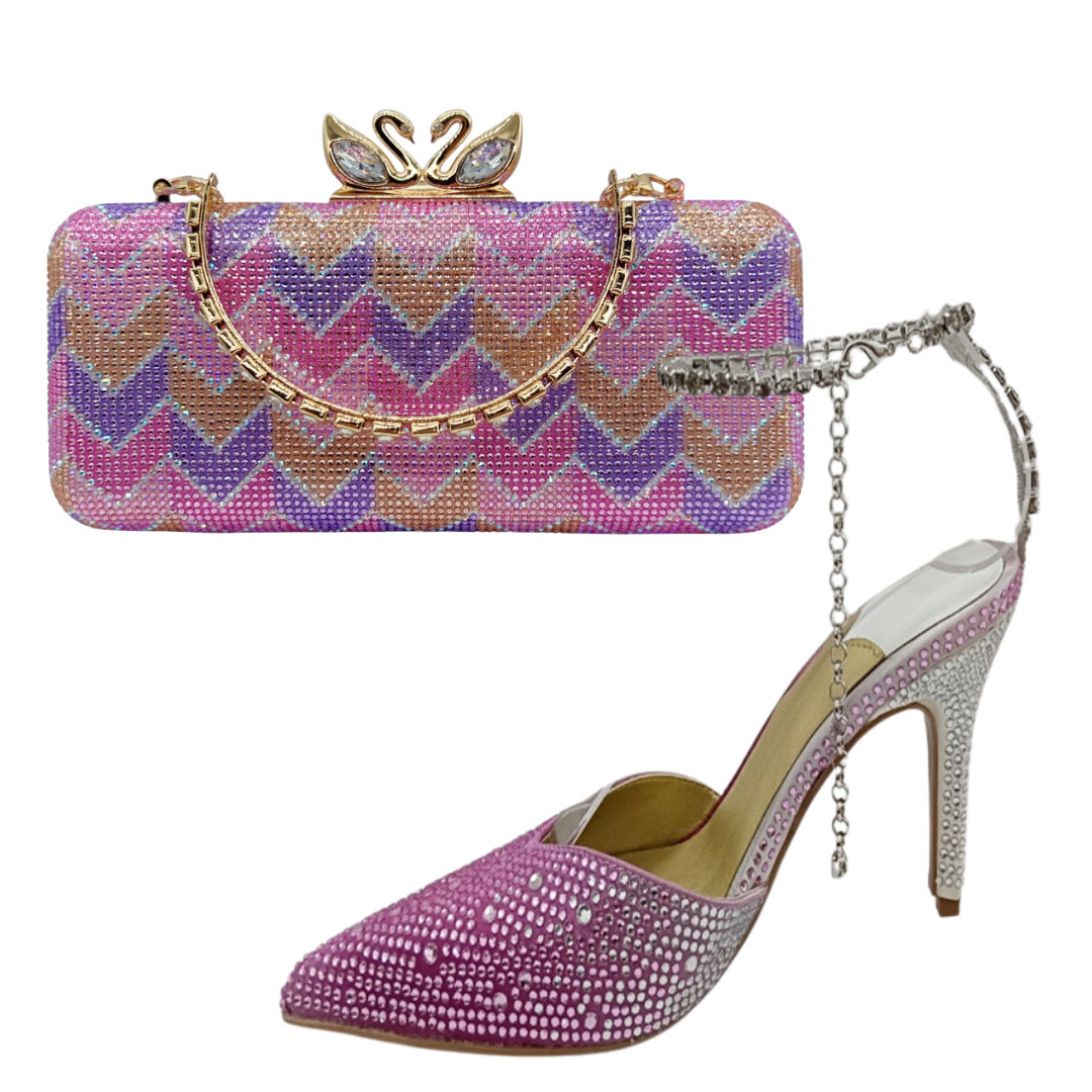 Green Crystal Rhinestone Heels & Matching Clutch Bag Set | Diamante Stiletto Pointed Toe Slingback Evening Shoes & Purse