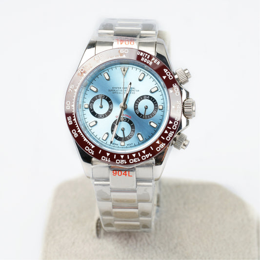 Seiko Ice Blue Chronograph Watch Men | Black Ceramic Tachymeter Bezel | 904L Steel Oyster Bracelet | Triple Sub-Dial Sport Watch