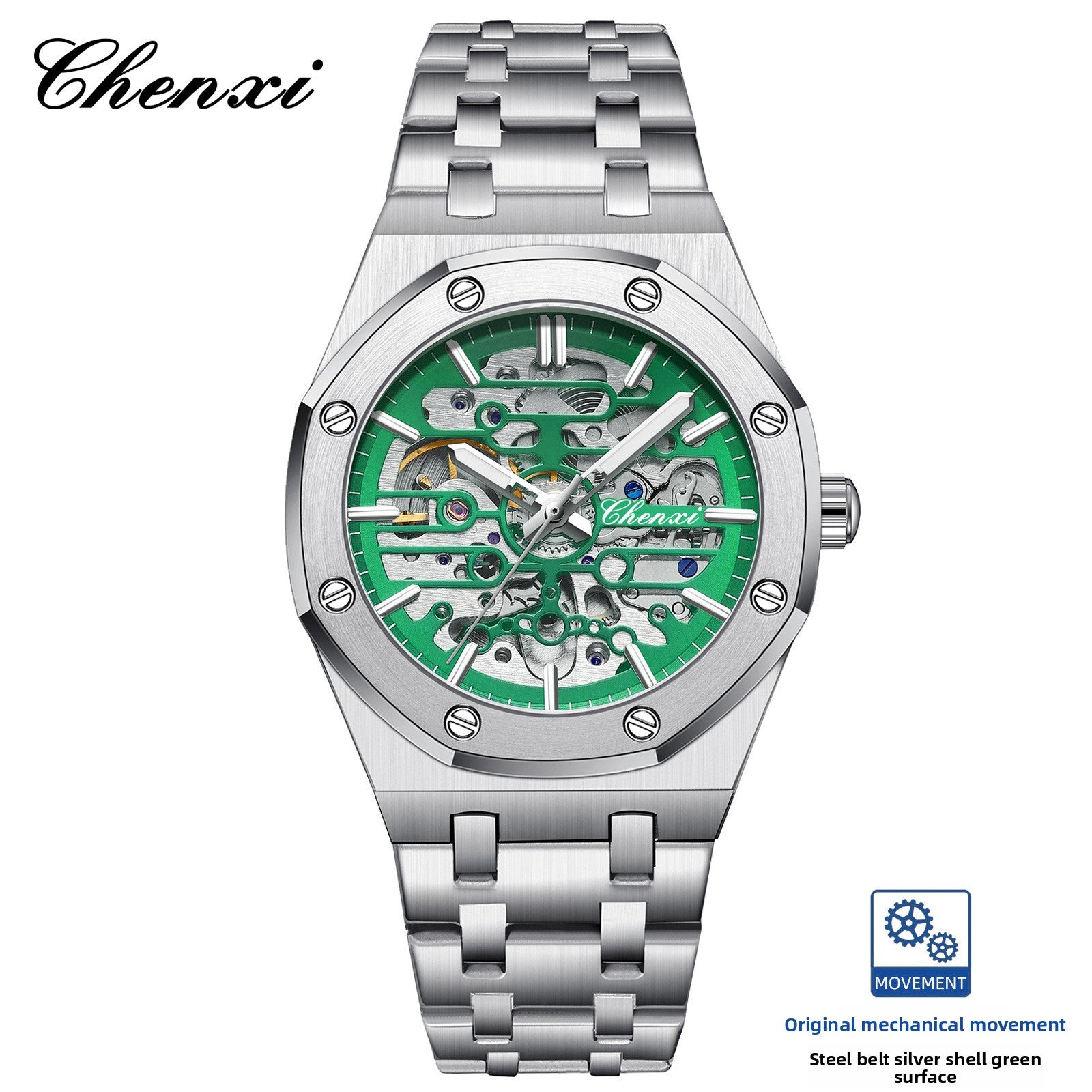 Chenxi Men's Skeleton Mechanical Watch | Royal Oak Style Octagonal Screw Bezel Blue Accent | Silver Stainless Steel Bracelet Luxury Timepiece