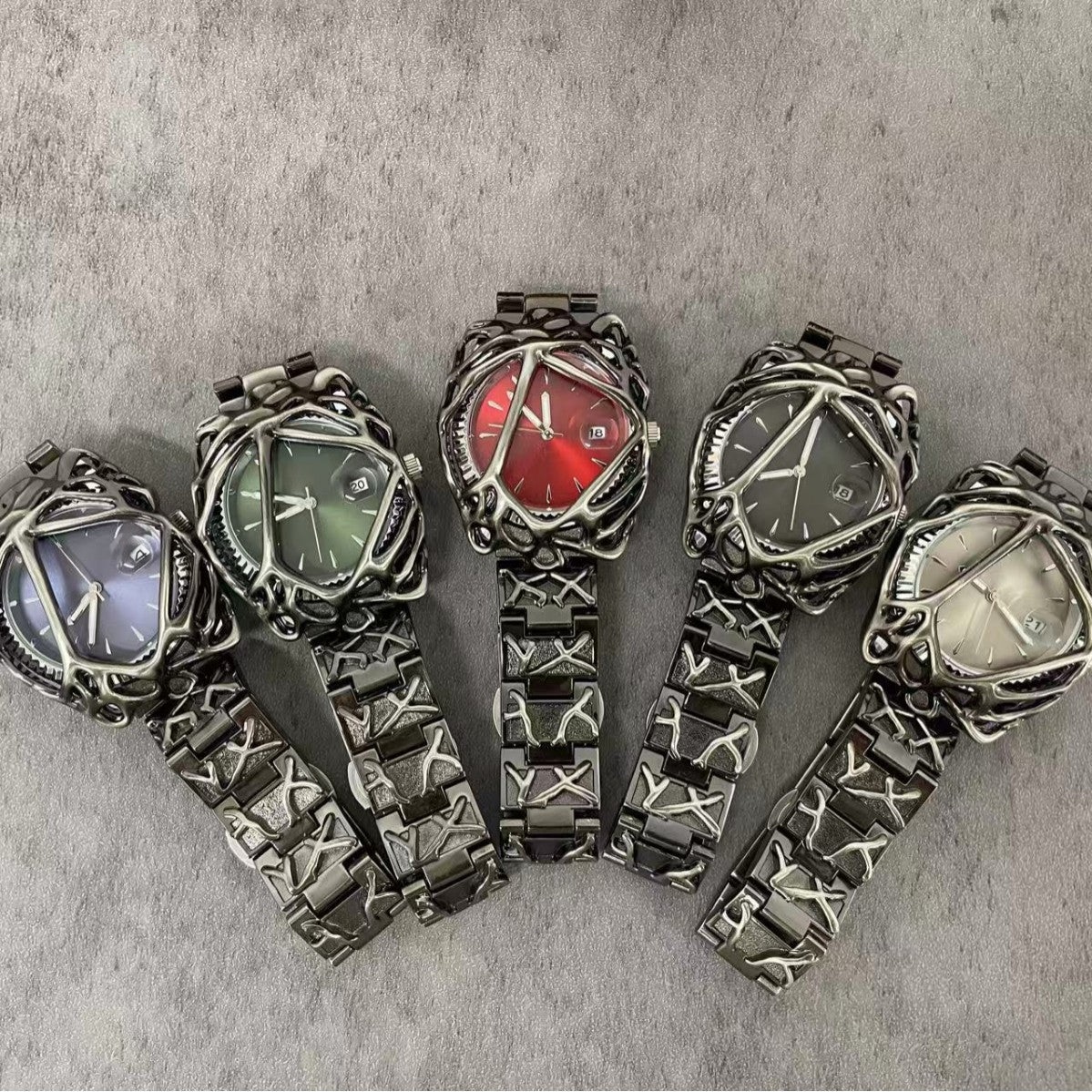 Avant-Garde Black Sculpted Web Watch for Men | Red Gradient Dial Dark Art Luxury Quartz Timepiece