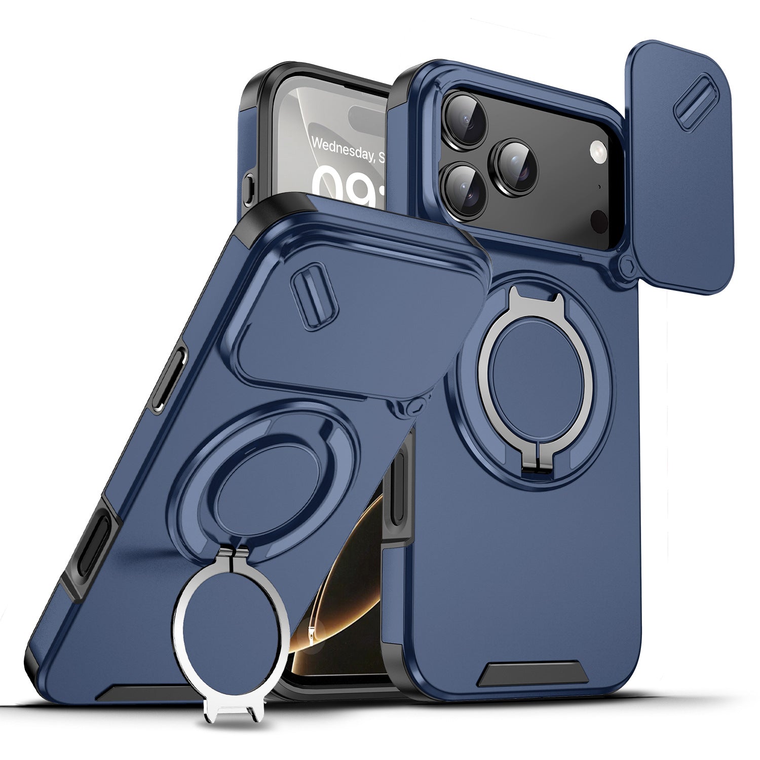 Navy Blue Armor Phone Case with Ring Stand, Sliding Camera Cover and Magnetic Kickstand, Heavy Duty Shockproof Protection