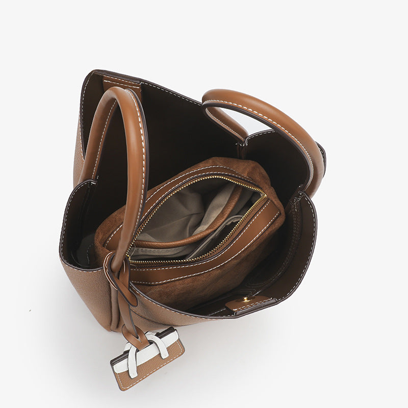 Tan Brown Leather Tote Bag with Front Pocket & Contrast Stitching | Structured Shoulder Bag