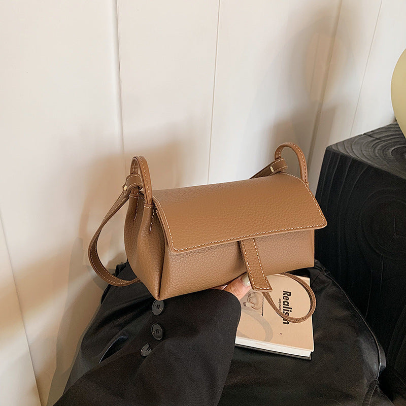 Taupe Brown Leather Crossbody Bag - Structured Flap Bag with Braided Strap & Hedgehog Charm | Small Shoulder Bag