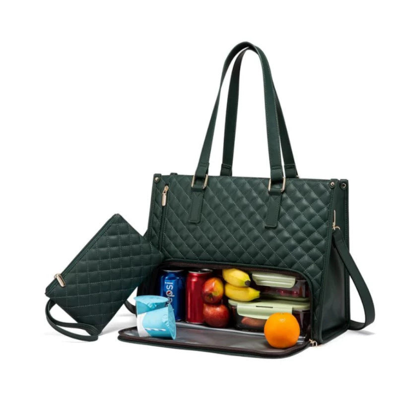 Black Quilted Insulated Lunch Tote Bag with Pouch | Large Thermal Cooler Handbag for Women | Work & Picnic Bag