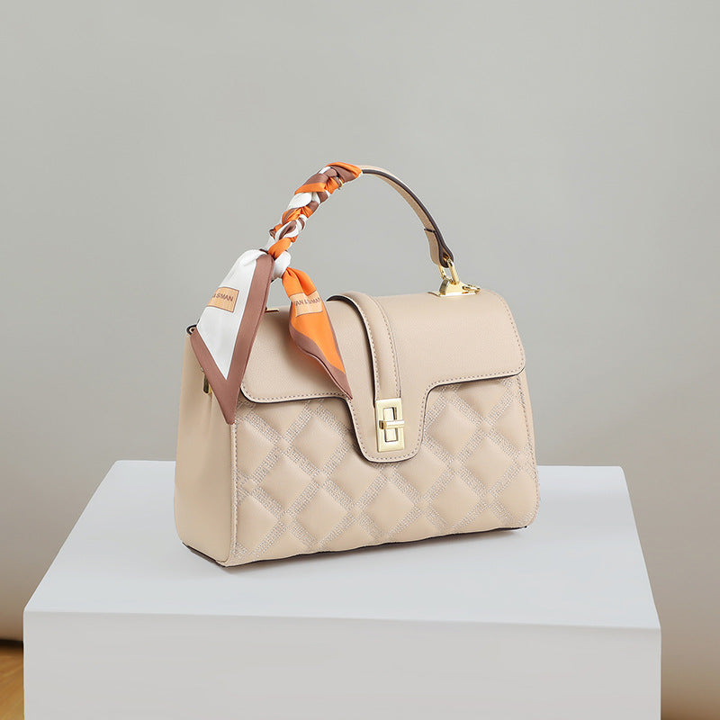Beige Quilted Leather Satchel Bag - Diamond Stitched Crossbody Handbag with Scarf | Women's Structured Top Handle Bag with Gold Hardware