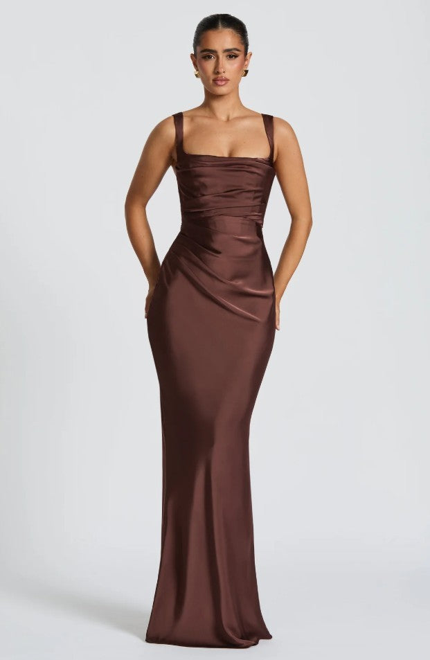 Women's Navy Blue Satin Maxi Dress | Square Neck Ruched Bodycon Formal Gown with Gloves | Elegant Evening Prom Wedding Dress