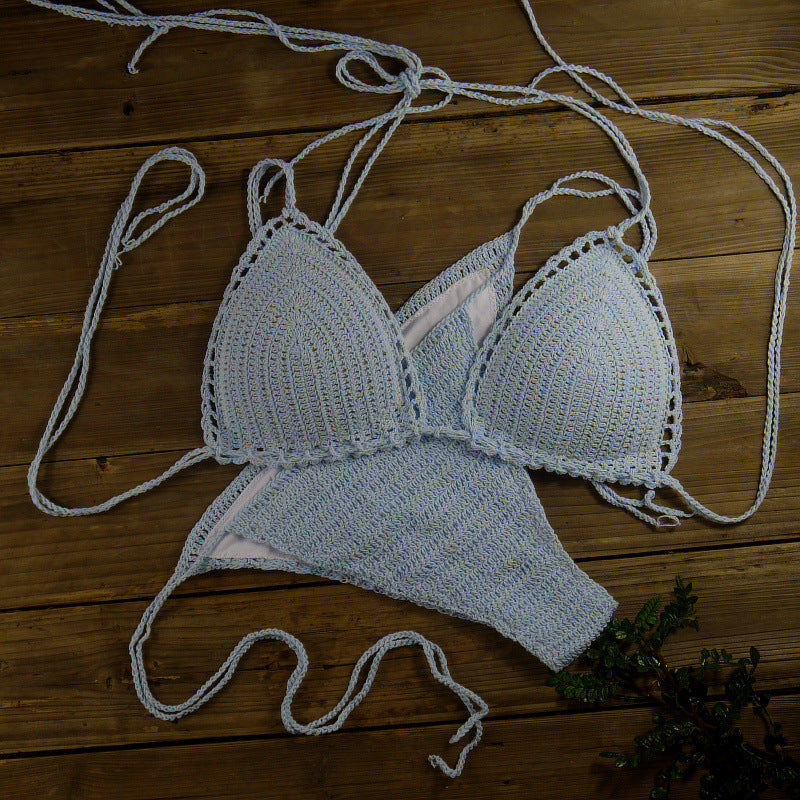 White Crochet Bikini Set | Handmade Triangle Halter Top and String Bottoms Boho Swimwear for Women