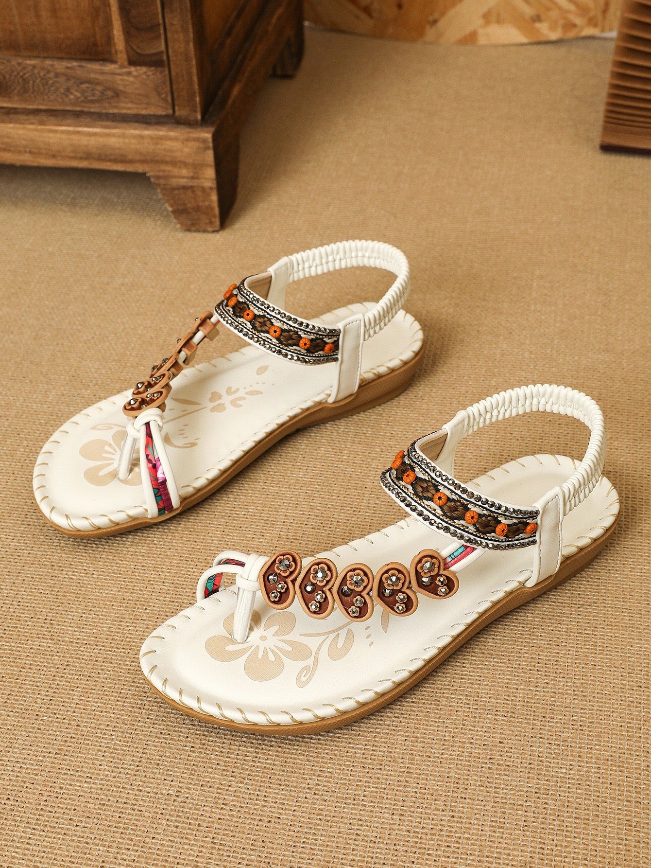 Women's Tan Boho Beaded Thong Sandals ? Ethnic Floral Rhinestone Elastic Ankle Strap Flat Summer Shoes