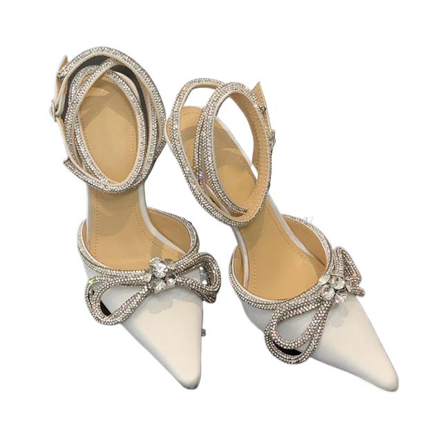 Black Satin Crystal Rhinestone Bow Heels for Women | Diamond Bow Pointed Toe Slingback Stiletto Sandals | Luxury Bridal Wedding Crystal Bow Pumps | Designer Inspired Jewel Bow Evening Heels