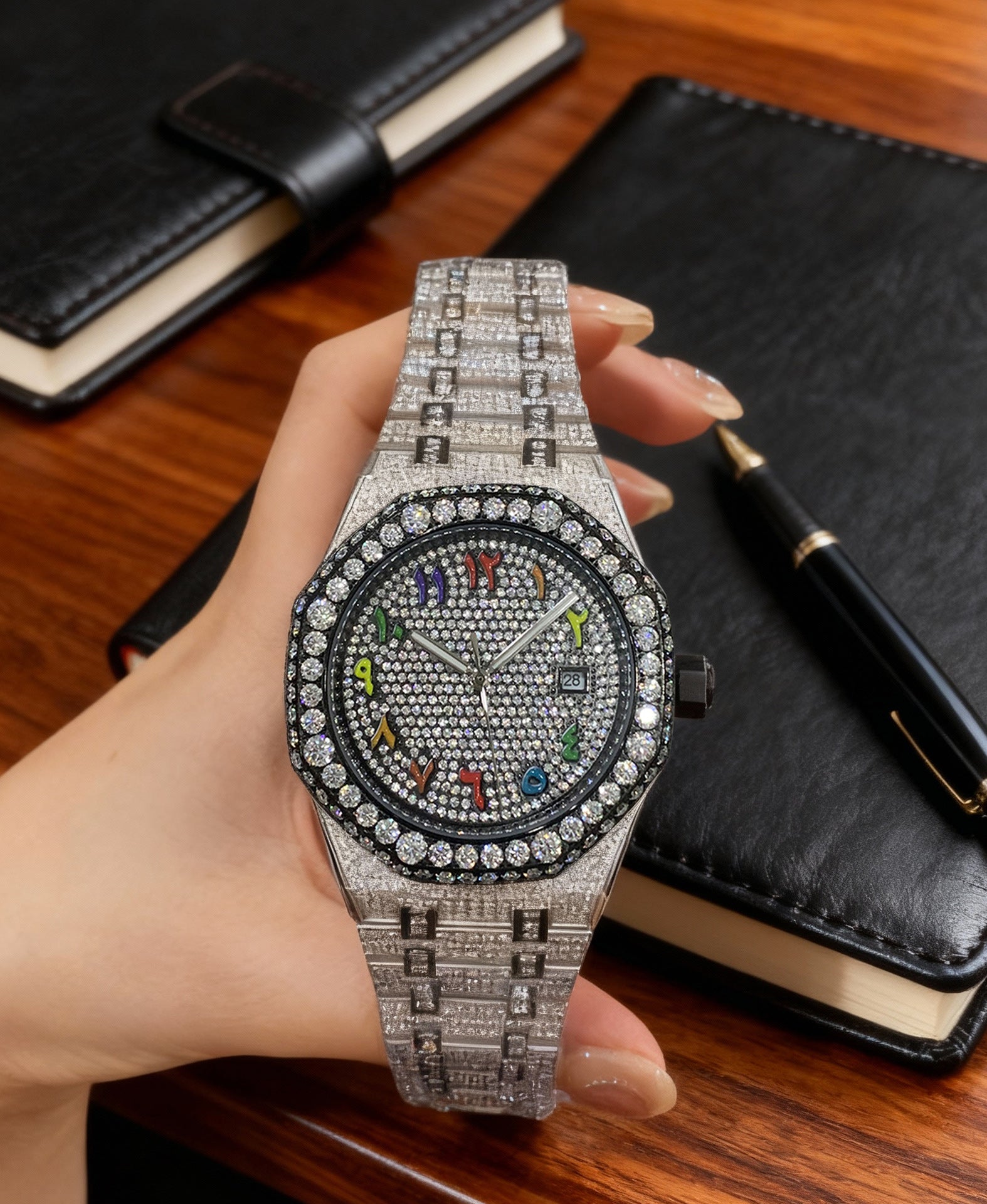 Iced Out Full Diamond Watch | Arabic Numeral Rose Gold Octagonal Bezel | Luxury Hip Hop Baguette & Paved Crystal Men's Watch