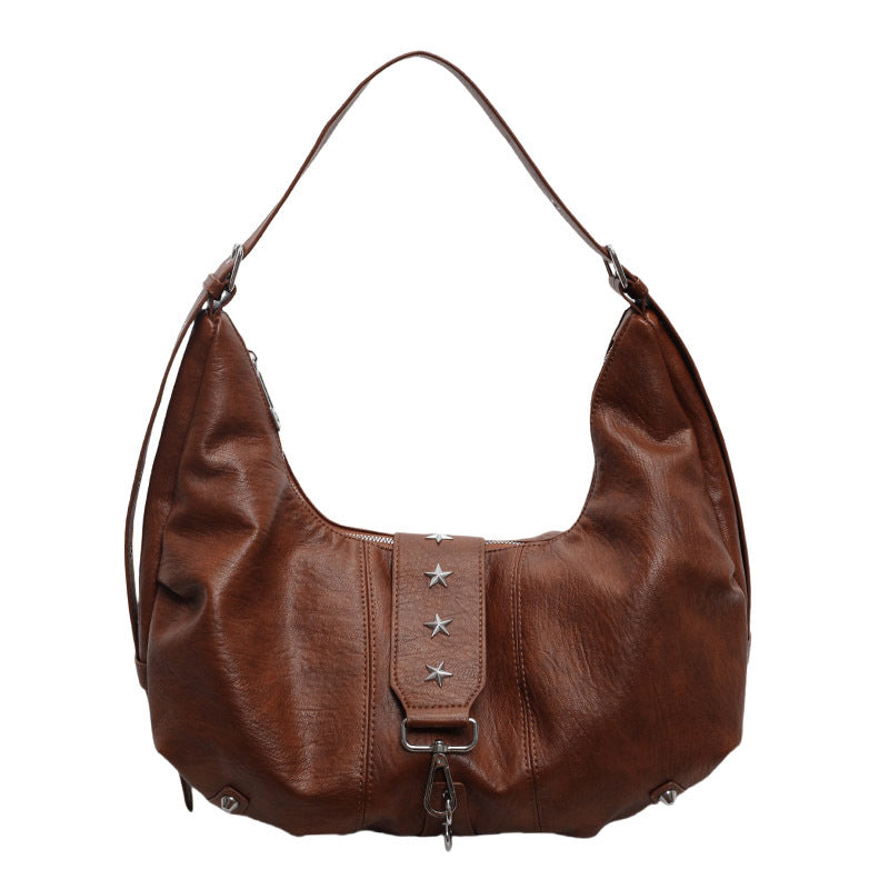 Black Leather Hobo Bag with Star Studs | Slouchy Shoulder Bag with Zip Detail