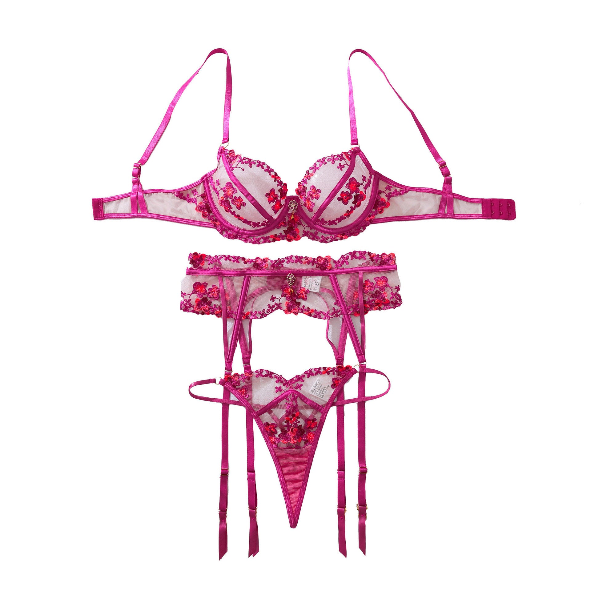 Hot Pink Floral Embroidered Lingerie Set | Sheer Mesh Underwire Bra & Garter Thong | Sexy See Through Boudoir Set Women