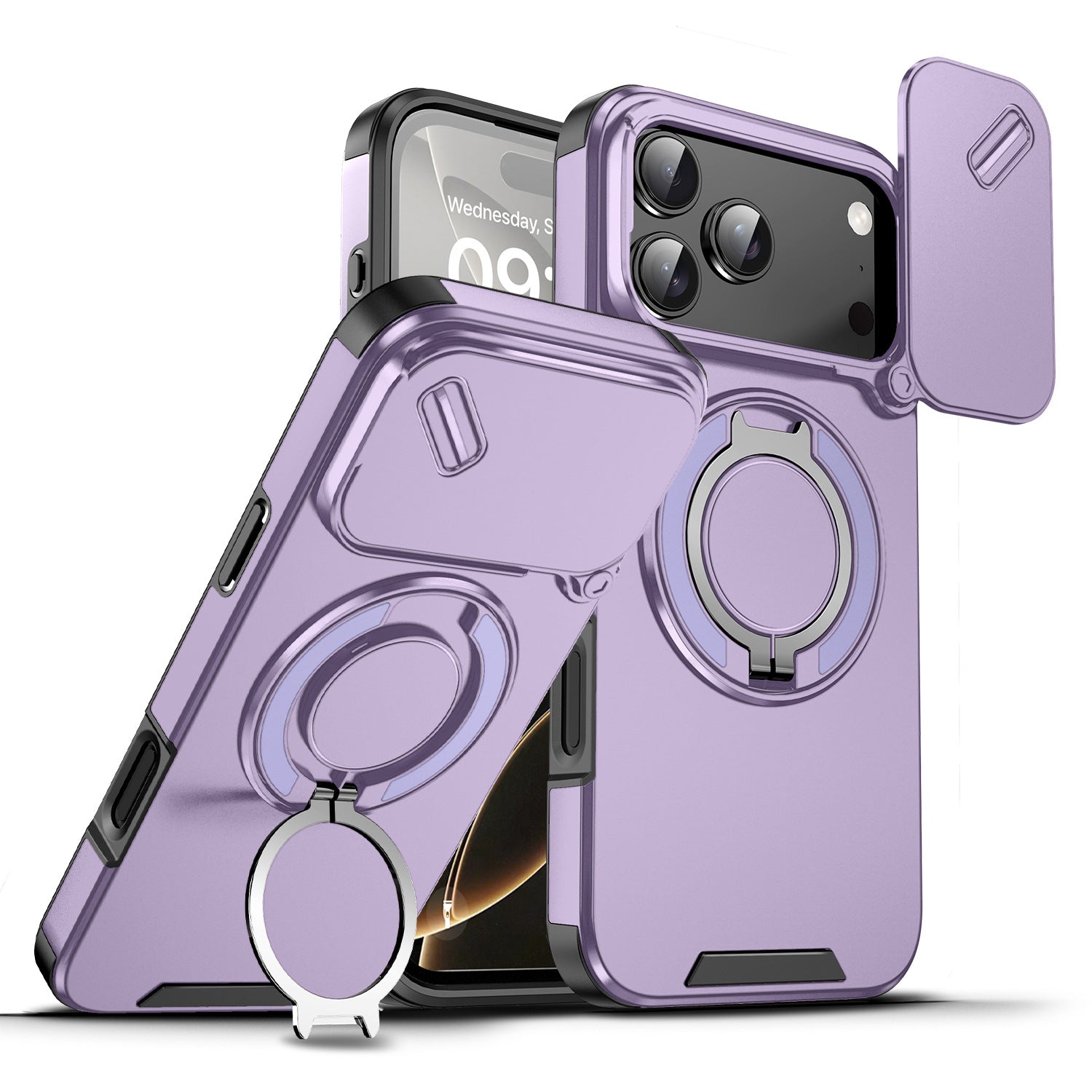 Navy Blue Armor Phone Case with Ring Stand, Sliding Camera Cover and Magnetic Kickstand, Heavy Duty Shockproof Protection