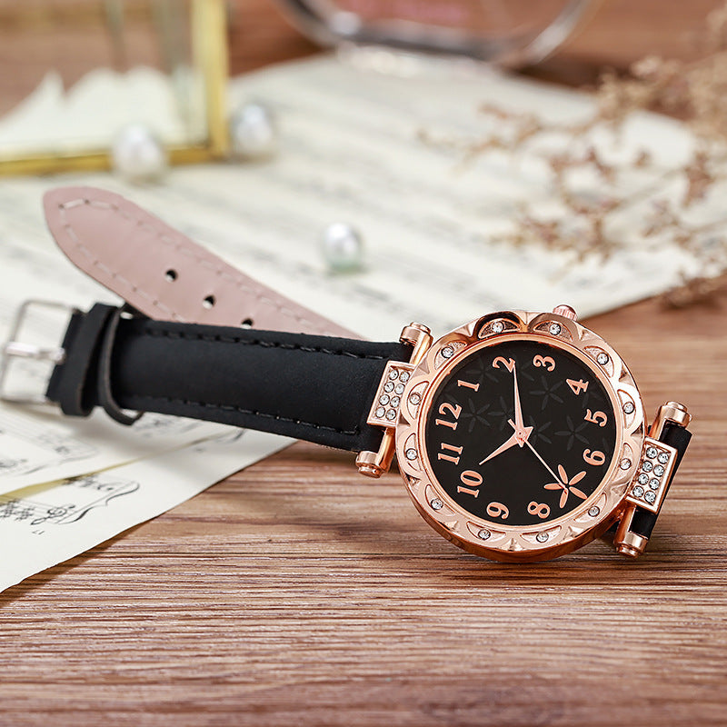 Women's Rose Gold Diamond Watch & Pearl Jewellery Gift Set | 6 Piece White Leather Strap Watch Necklace Earring Bracelet Ring Set