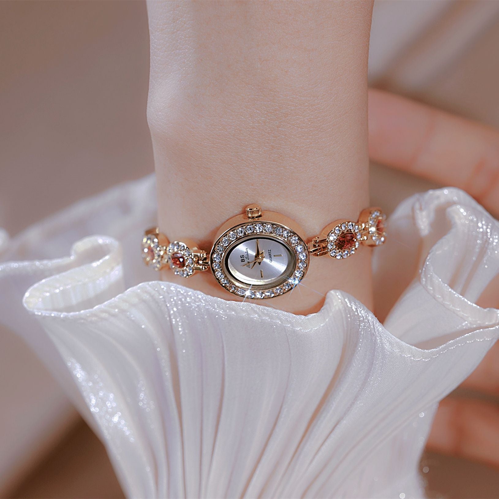 BS Bee Sister Women's Gold Crystal Bracelet Watch | Oval Diamond-Set Luxury Quartz Watch for Ladies