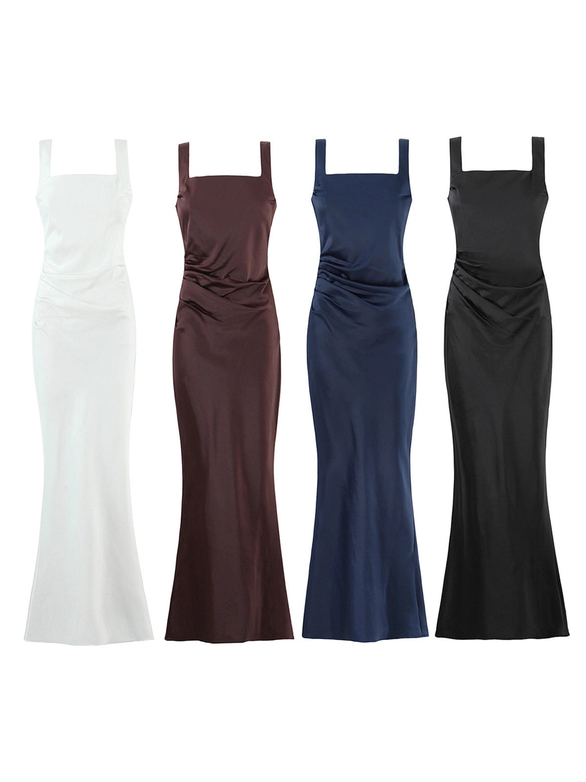 Women's Navy Blue Satin Maxi Dress | Square Neck Ruched Bodycon Formal Gown with Gloves | Elegant Evening Prom Wedding Dress