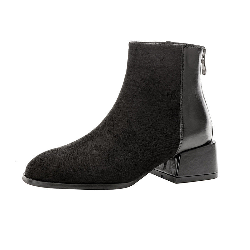 Black Suede Block Heel Ankle Boots | Women's Zip-Up Pointed Toe Booties