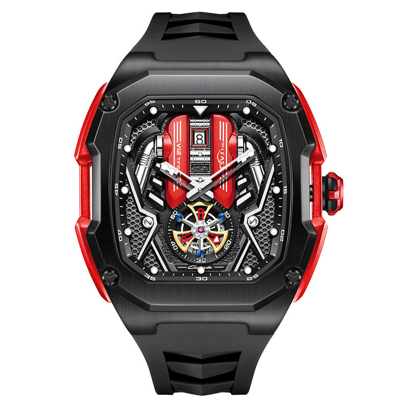LILUOKE Men's Engine Skeleton Tourbillon Watch | Orange Black Supercar Inspired | Mechanical Turbine Dial | Date Window | Luxury Sport Racing Watch | UAE