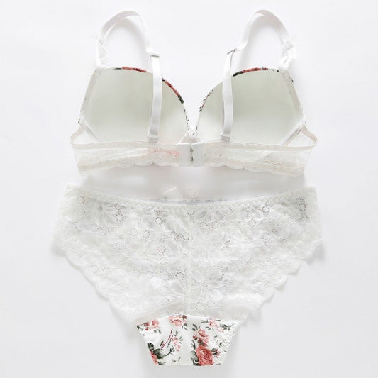 Women's Black Floral Rose Print Push-Up Bra & Panty Set ? Sexy 2-Piece Lace Trim Matching Lingerie Set