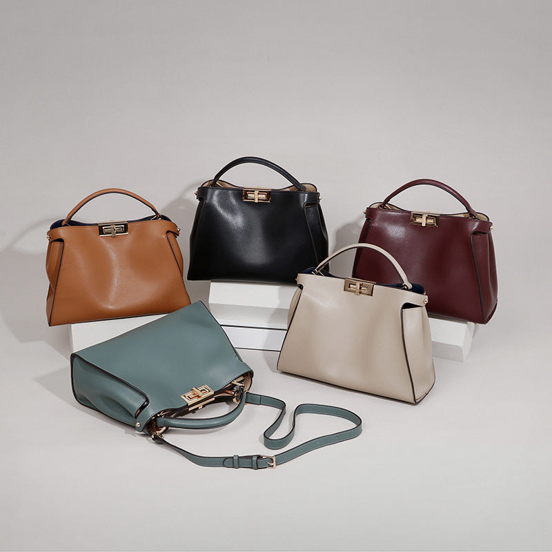 Burgundy Wine Leather Handbag with Gold Turn-Lock | Structured Trapezoid Bag Inspired by Fendi