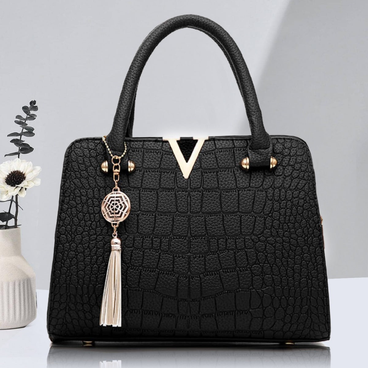 Black Crocodile Pattern Handbag with Gold V Hardware & Tassel | Luxury Women's Shoulder Satchel