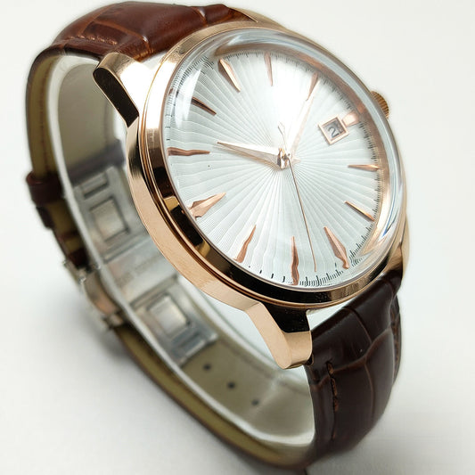 Seiko Men's Rose Gold Dress Watch | White Sunburst Dial Brown Leather Strap Date Display Classic Watch