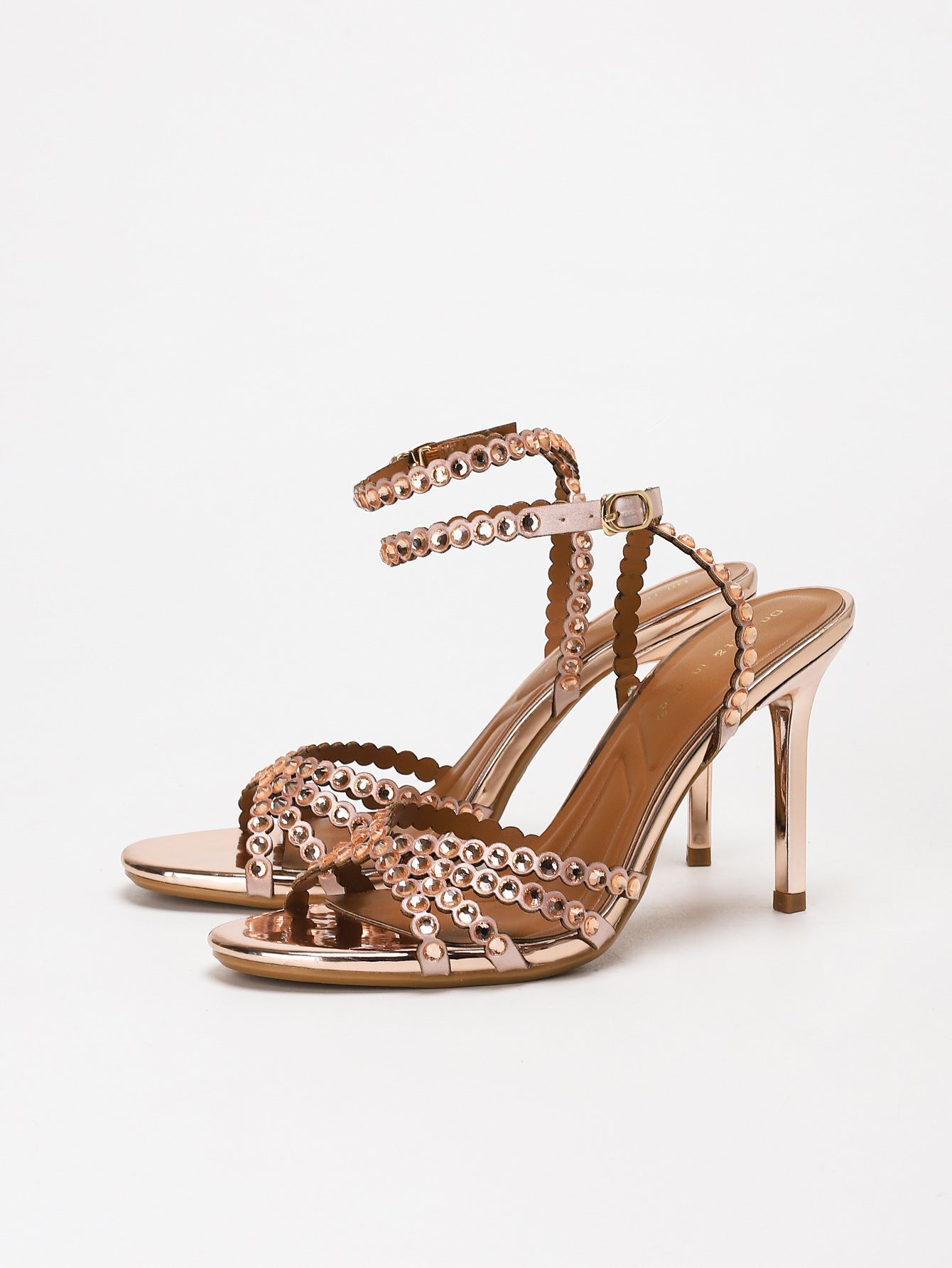 Rose Gold Mirror Metallic Crystal Circle Gem Embellished Strappy Heeled Sandals with Ankle Buckle | Luxury Glamorous Evening Heels for Women