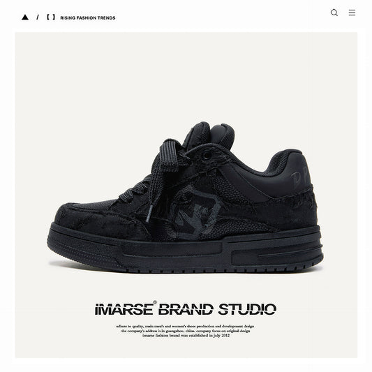 All Black Textured Low Top Sneakers - Men's Chunky Platform Street Style Shoes with Embossed Detail