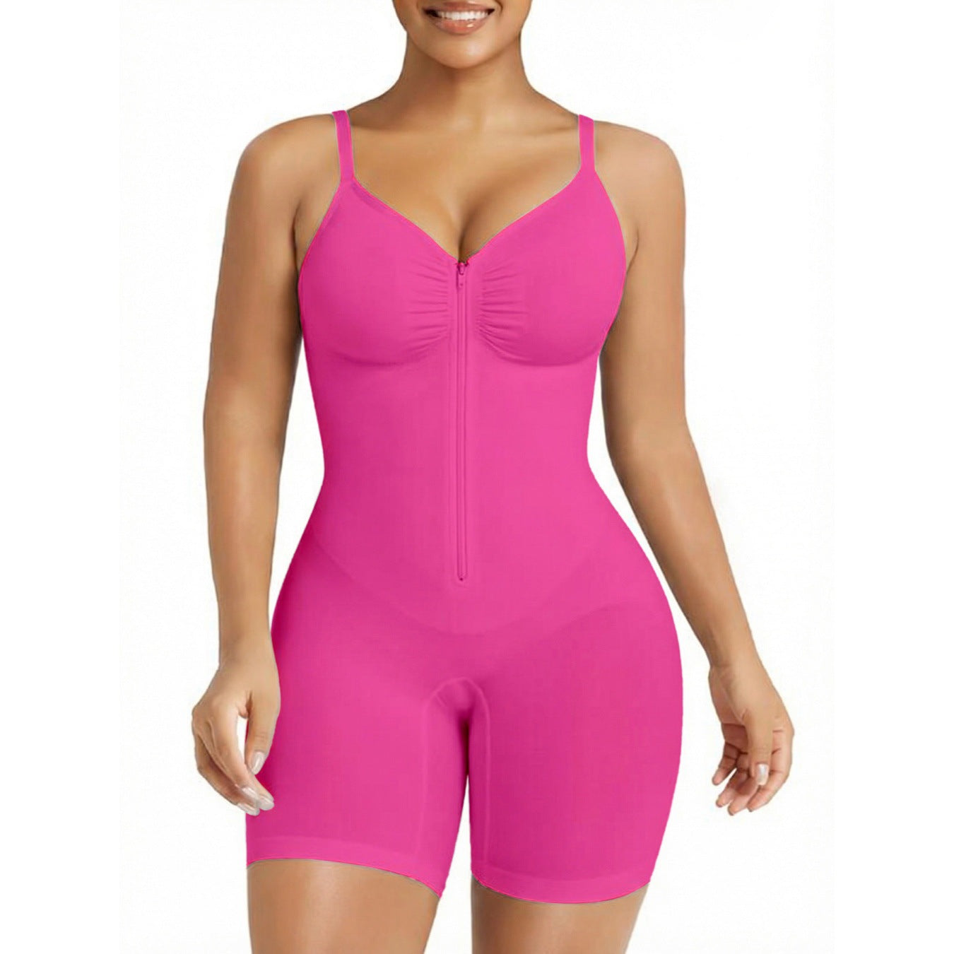 Brown Full Body Shaper for Women | Tummy Control Bodysuit with Zipper | Slimming Mid-Thigh Shapewear Romper