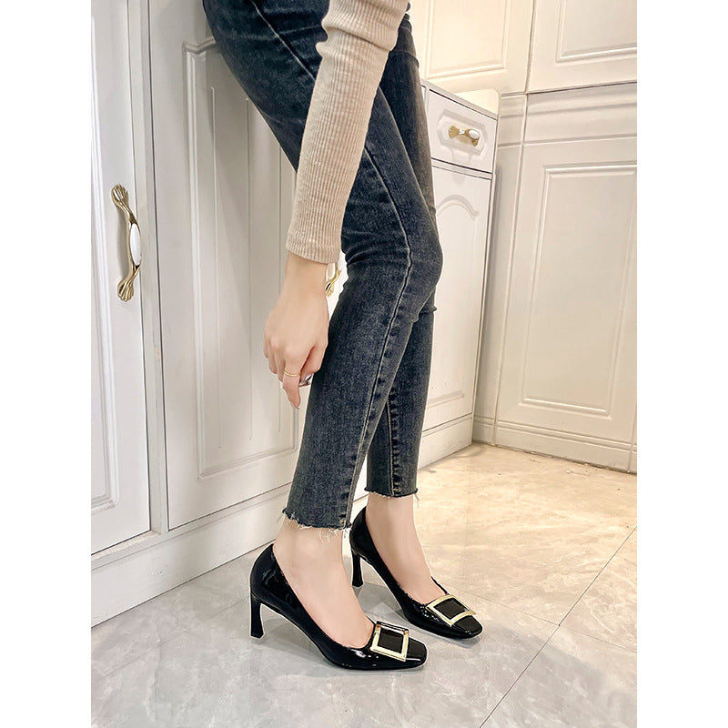 Nude Beige Patent Leather Square Toe Ballet Flats with Oversized Gold Square Buckle | Elegant Everyday Luxury Shoes for Women