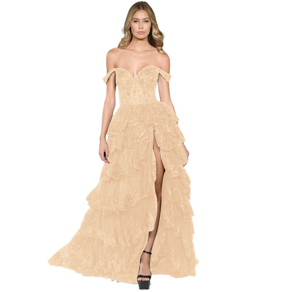 Black Off-Shoulder Sequin Lace Tiered Gown | Corset Ruffle Slit Formal Dress | Prom Evening Gown