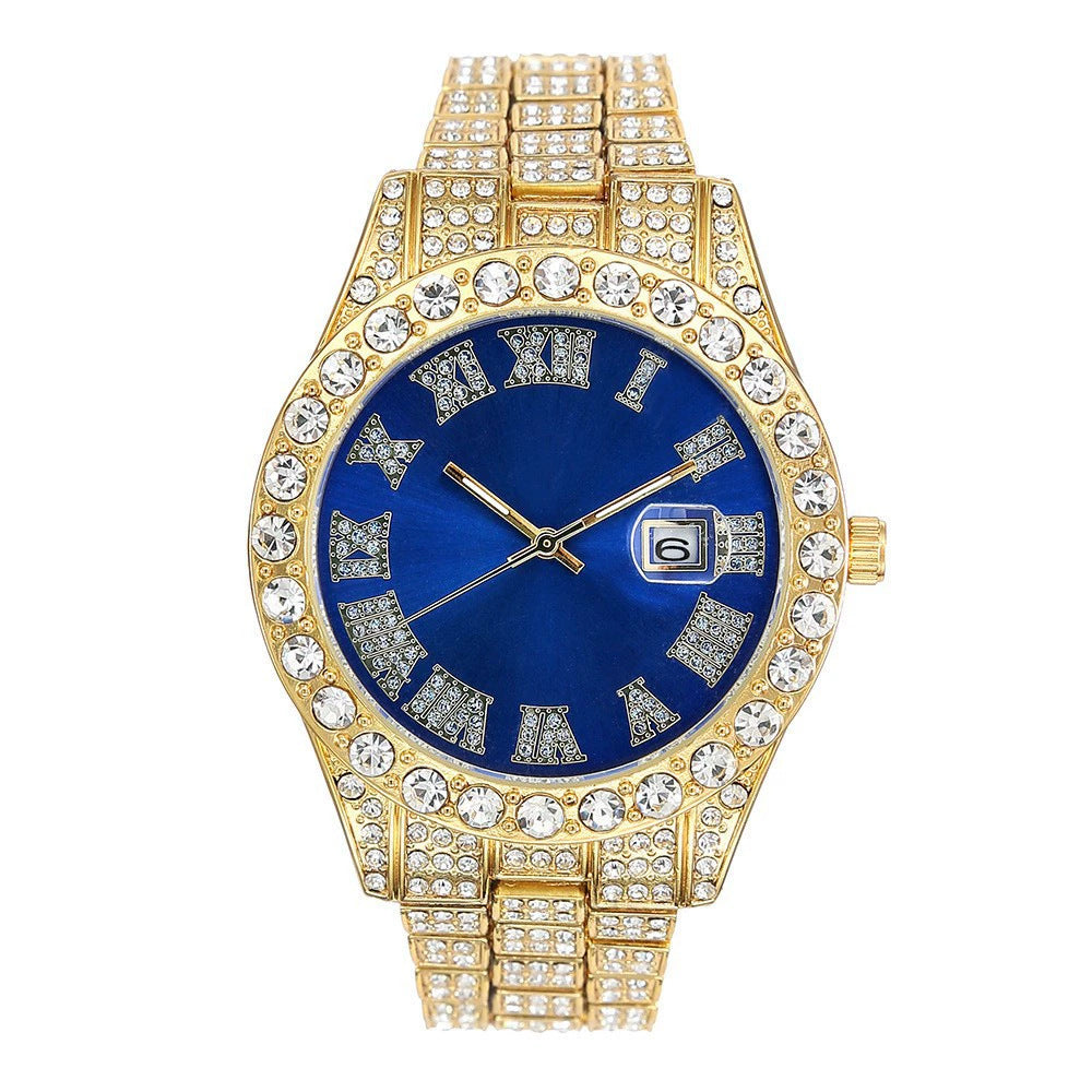 Iced Out Silver Watch | Green Sunburst Dial Diamond Roman Numerals | Full Crystal Bezel & Bracelet Mens Hip Hop Quartz Watch