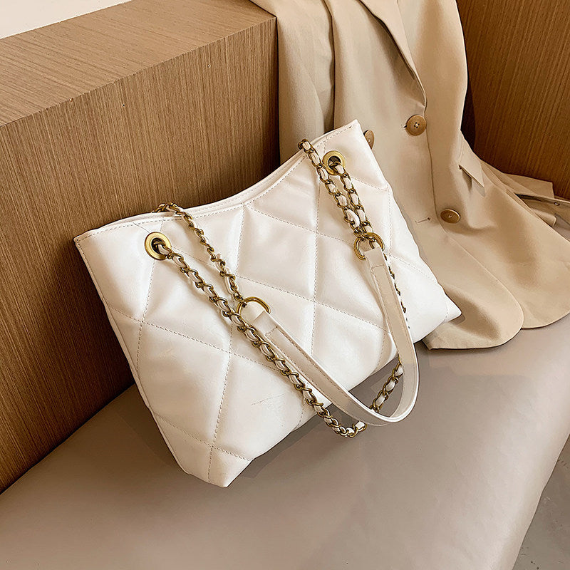 Cream White Quilted Leather Tote Bag with Gold Chain Straps | Diamond Stitched Shoulder Bag