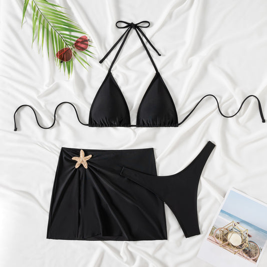 Black 3-Piece Bikini Set, Triangle Halter Top & Wrap Mini Skirt with Gold Starfish Charm, Women Luxury Beach Swimwear, Elegant Slit Cover Up Swimsuit, Chic Resort Bathing Suit