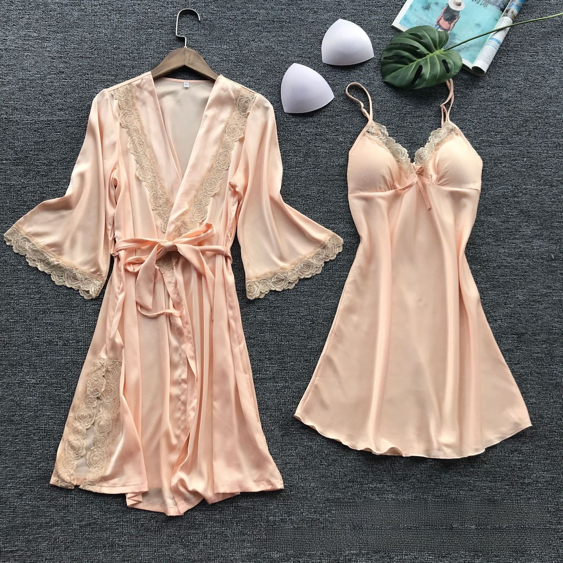 Women's Gray Satin Rose Lace Trim Robe & Slip Nightgown Set ? Luxury 2-Piece Bridal Sleepwear Set