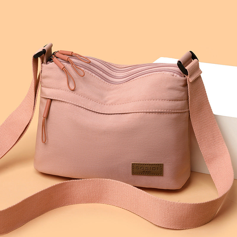 Pink Nylon Crossbody Bag - Multi-Pocket Casual Shoulder Bag with Triple Zipper | Lightweight Travel Bag with Wide Strap
