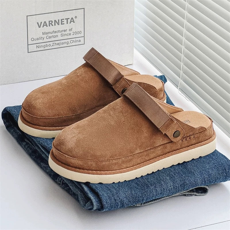 Women's Suede Platform Clogs with Back Strap | Closed Toe Mule Slippers | Camel Tan Casual Shoes | Cozy Everyday Footwear