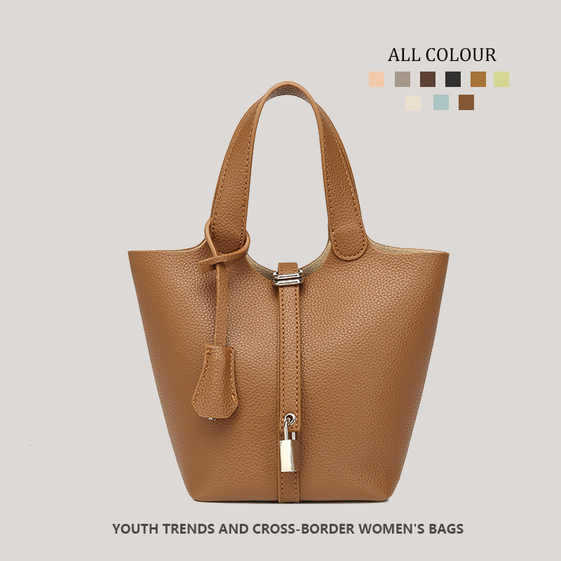 Taupe Pebbled Leather Tote Bag - Structured Bucket Bag with Lock Charm | Women's Everyday Shoulder Bag in Multiple Colors
