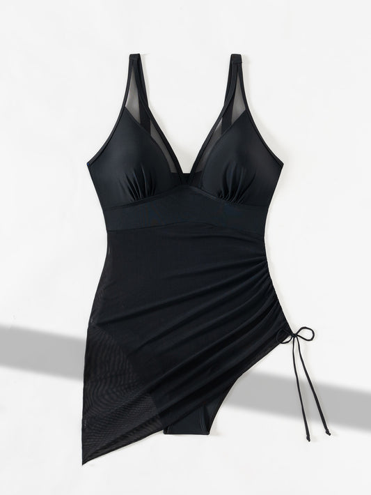 Black White Stripe Swimdress | Tummy Control One Piece Swimsuit | Ruched Skirt Bathing Suit Women