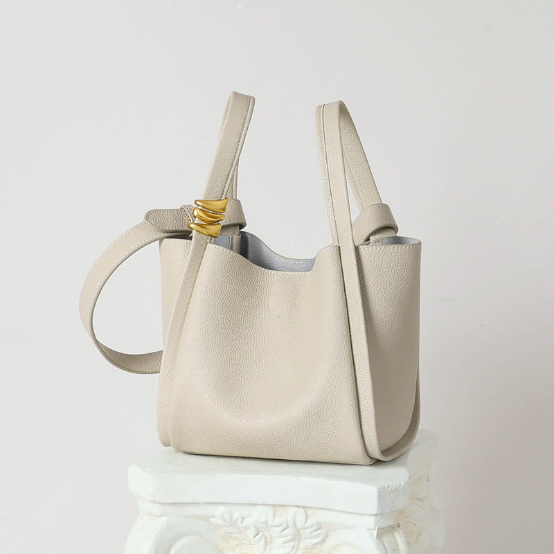 Cream Ivory Leather Tote Bag - Women's Shoulder Bag with Gold Knot Detail | Large Pebbled Leather Tote for Work & Everyday