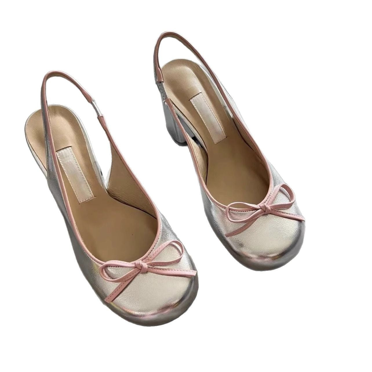 Women's Silver Metallic Slingback Block Heel Shoes | Pink Bow Detail | Ballet Inspired Mid Heel for Women