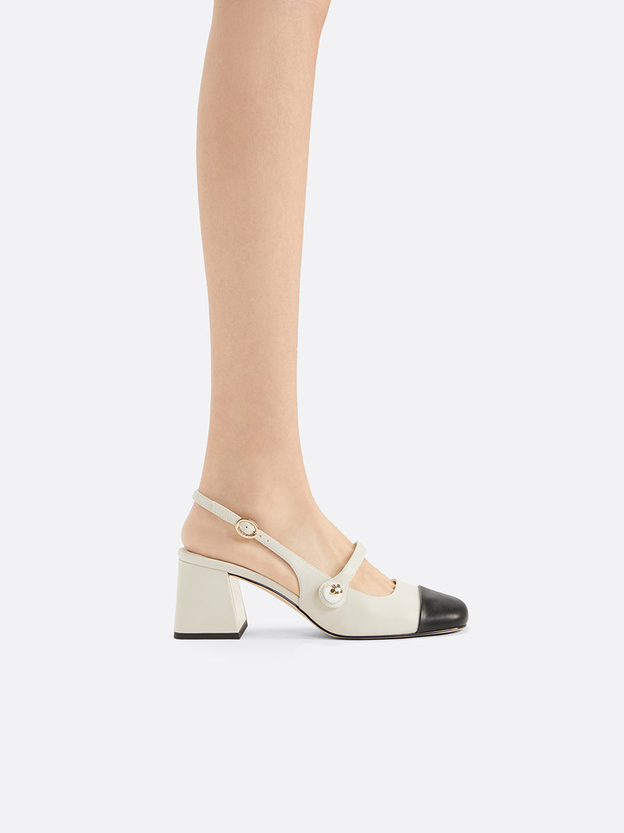 Ivory Black Cap Toe Mary Jane Slingback Block Heels for Women | Two Tone Pearl Button Strap Mid Heel Pumps | Elegant Vintage Inspired Block Heel Shoes | Chanel Inspired Cap Toe Heels