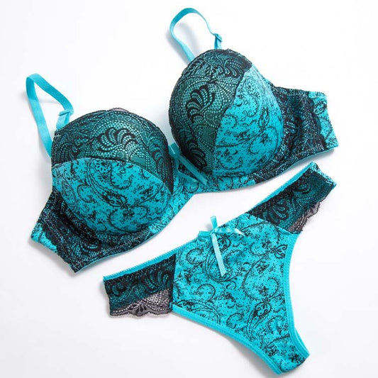 Red Black Lace Print Lingerie Set Women Sexy Underwire Push Up Bra Thong 2 Piece Baroque Floral Intimate Set