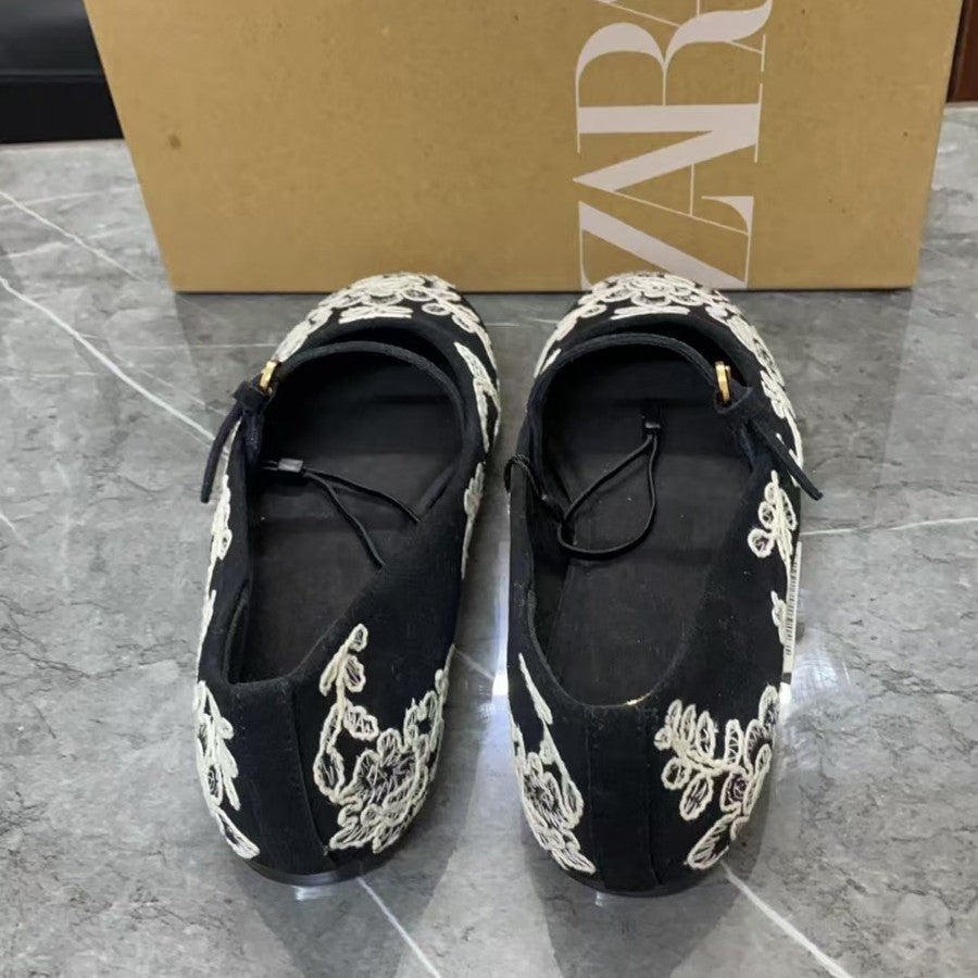 Zara Black Floral Embroidered Mary Jane Ballet Flats | White Lace Flower Strap Flat Shoes for Women