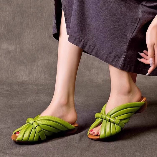Women's Braided Knot Flat Slide Sandals | Open Toe Mule Slippers - Beige Leather-Look Summer Shoes for Women