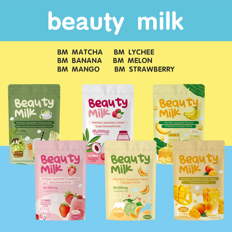 Beauty Milk Premium Japanese Collagen Drink 50,000mg | 6 Variants: Melon, Strawberry, Lychee, Mango, Banana, Matcha | 10 Sachets x 18g