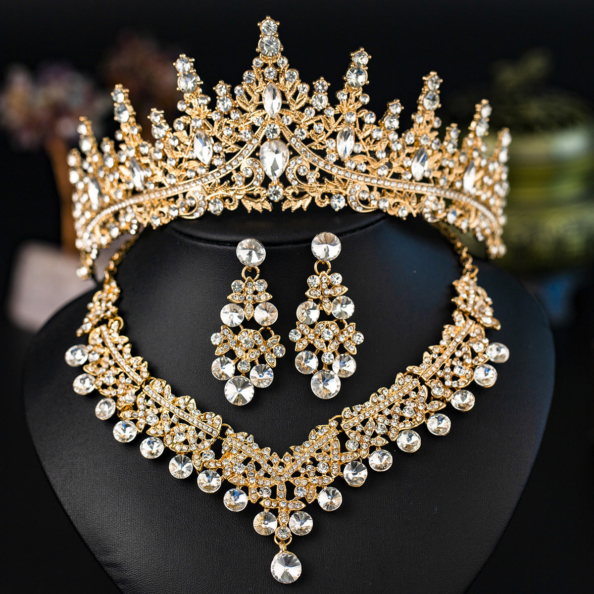3 Piece Red Crystal Bridal Jewelry Set | Gold Crown Tiara Necklace & Earrings | Queen Wedding Pageant Party Jewelry Set
