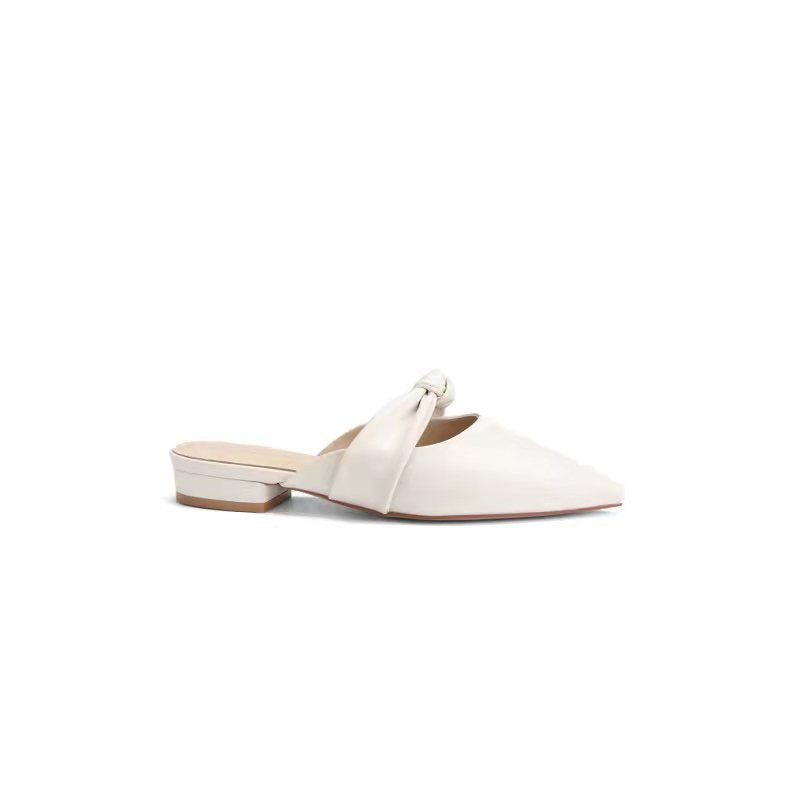 White Pointed Toe Knot Mule Flats | Slip-On Leather Backless Shoes for Women