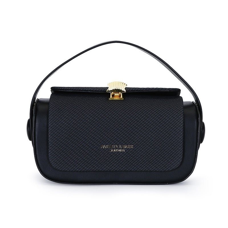 Black Structured Crossbody Bag with Gold Fan Clasp | Woven Texture Top Handle Shoulder Purse